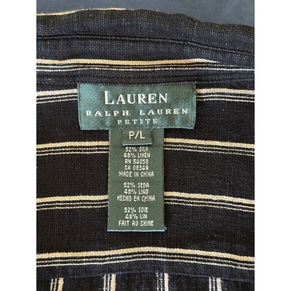 Lauren Ralph Lauren Petite P/L Silk Linen Blouse Black Beige‎ Stripe Button Down - Picture 10 of 10